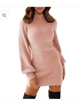 Exlura Women’s XL Mock Neck Puff Sleeve Knit BodyCon Sweater Dress Pink Casual